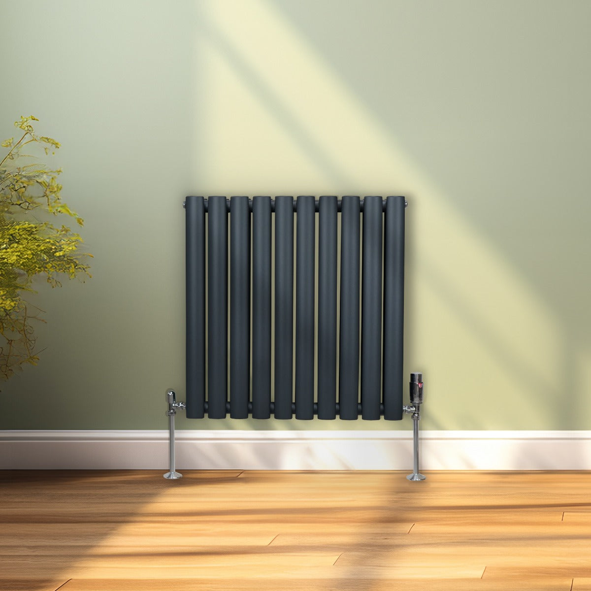 Ovale Kolomradiator & TRV Chroomkranen - 600mm x 600mm – Antraciet Grijs