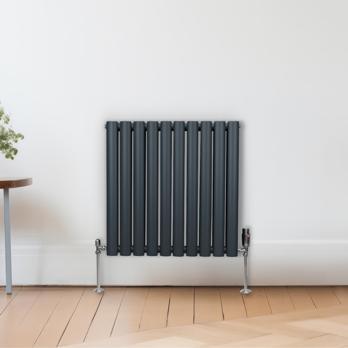 Ovale Kolomradiator & TRV Chroomkranen - 600mm x 600mm – Antraciet Grijs