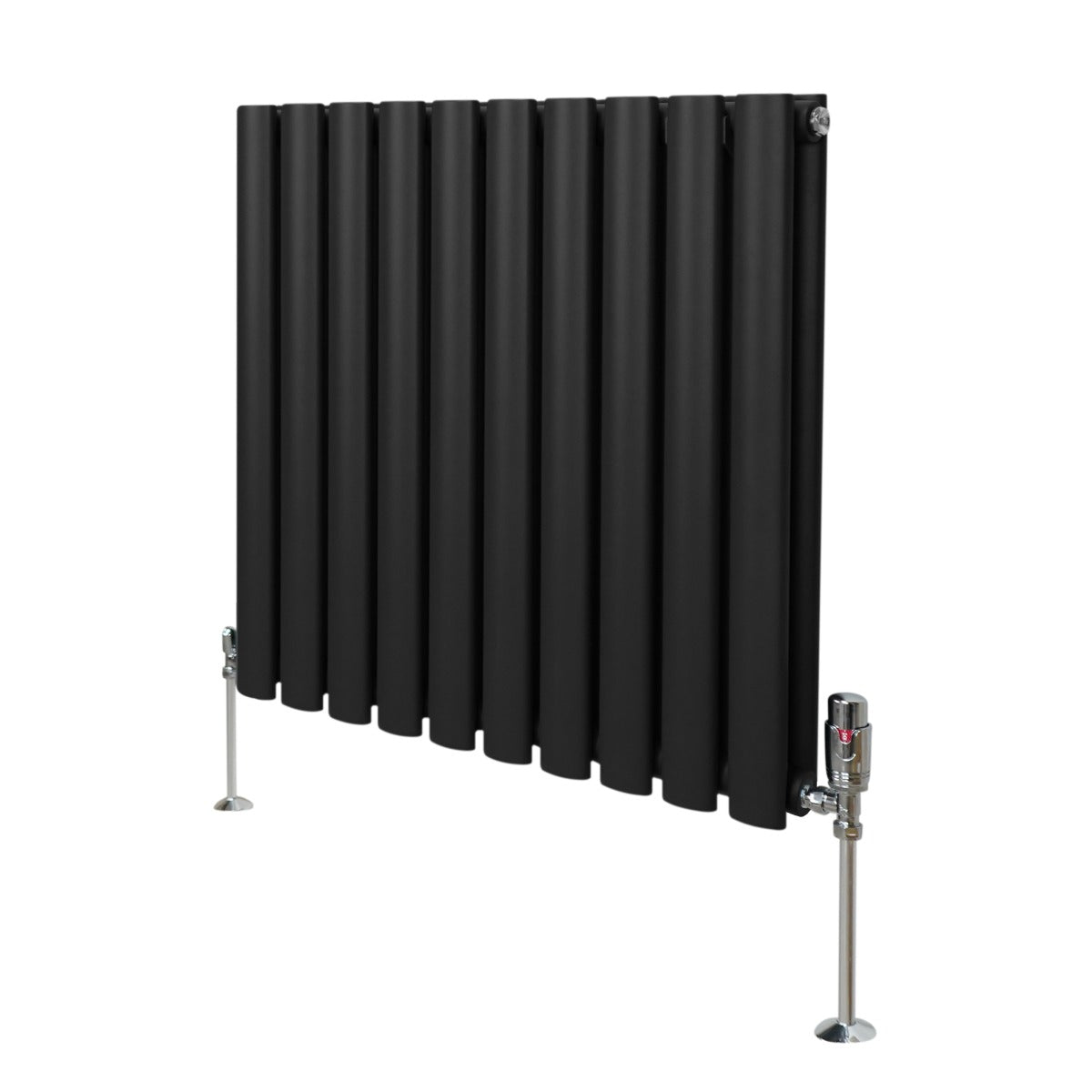 Ovale Kolomradiator & TRV Chroomkranen - 600mm x 600mm – Zwart