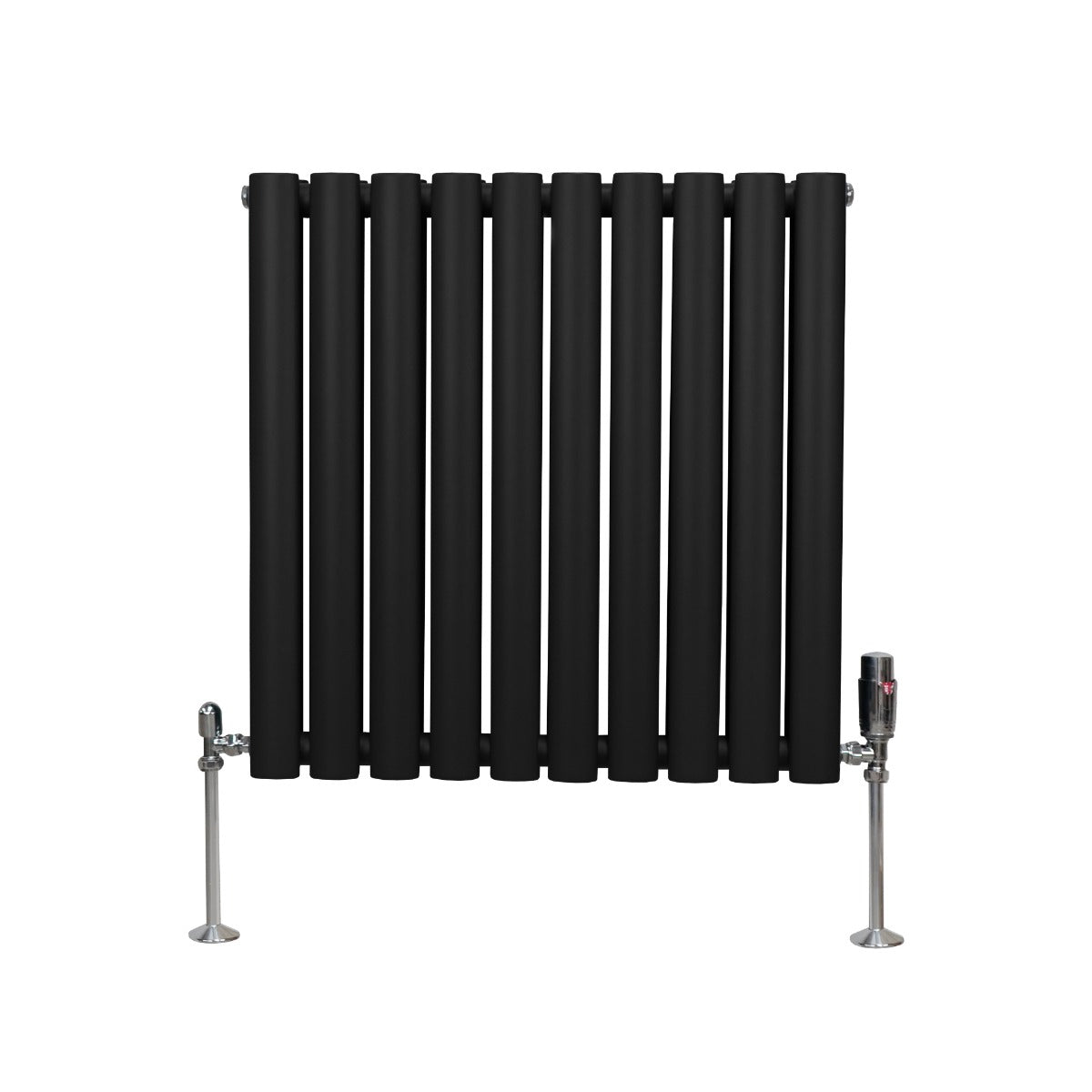 Ovale Kolomradiator & TRV Chroomkranen - 600mm x 600mm – Zwart