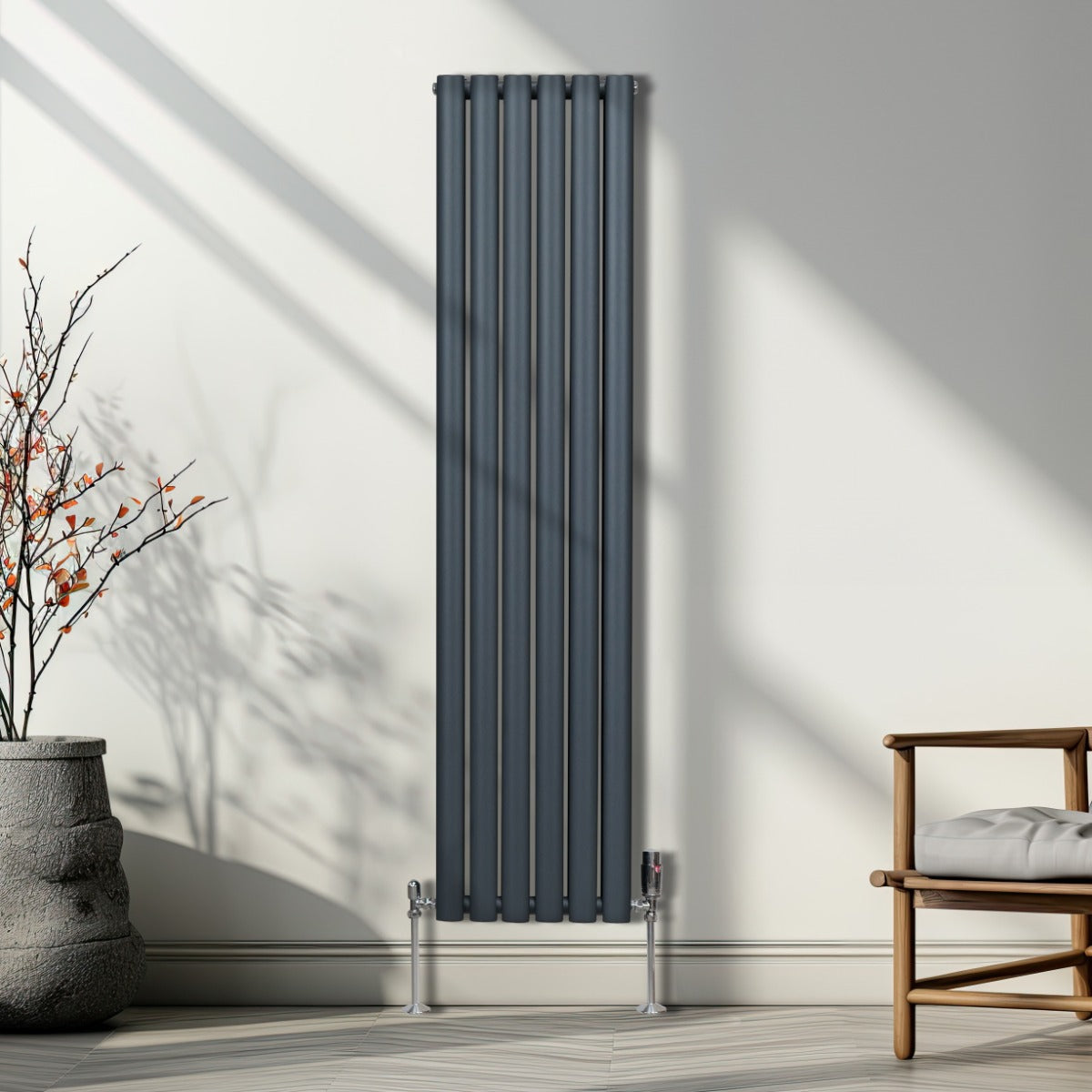 Ovale Kolomradiator & TRV Chroomkranen - 1600mm x 360mm – Antraciet Grijs