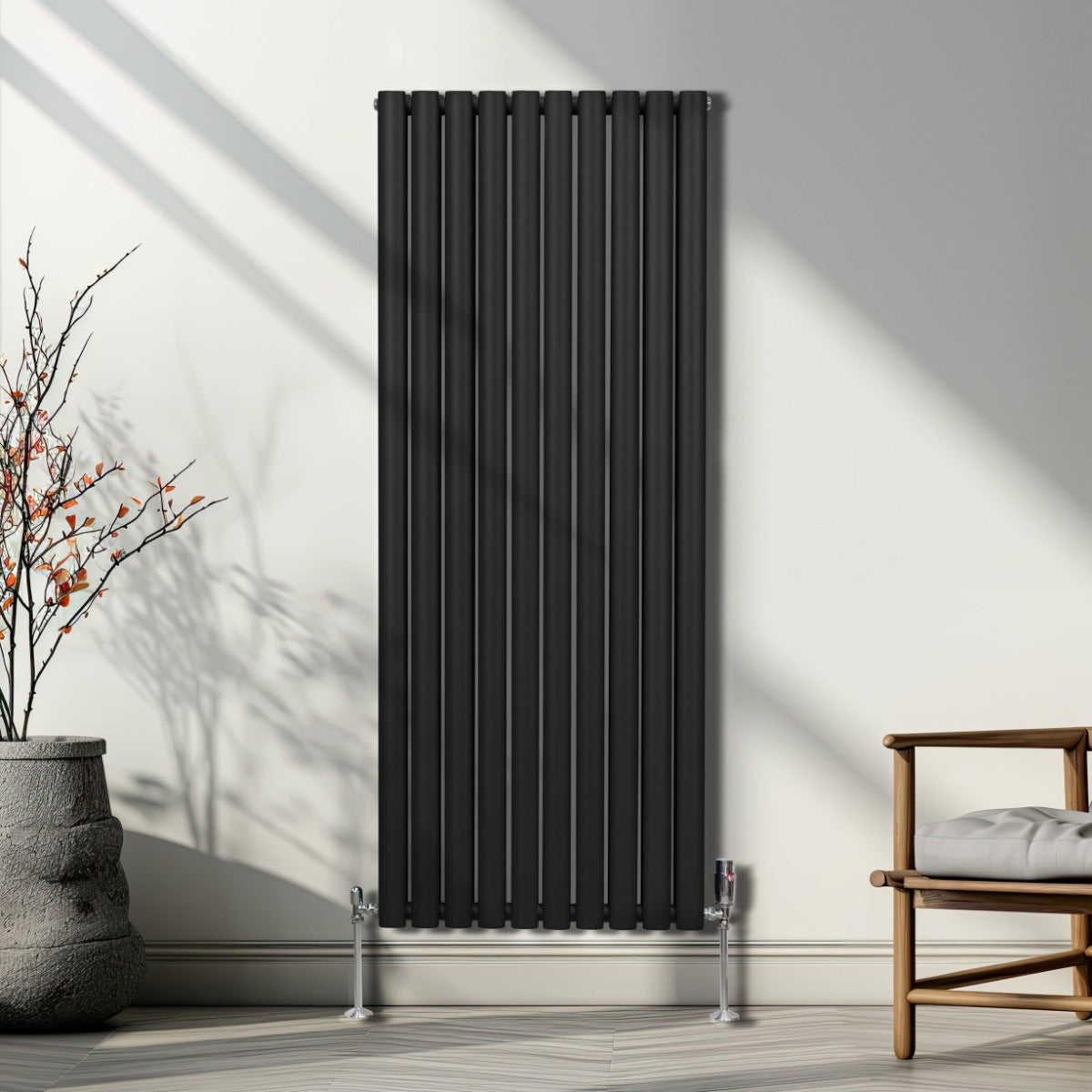 Ovale Kolomradiator & TRV Chroomkranen - 1600mm x 600mm – Zwart