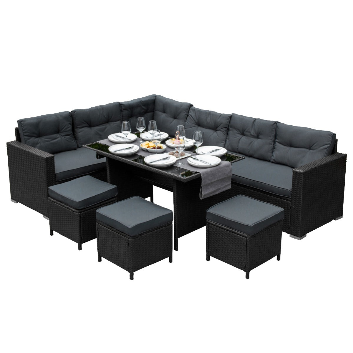 Rotan Hoekset Loungeset Dining - 9 Personen - Zwart