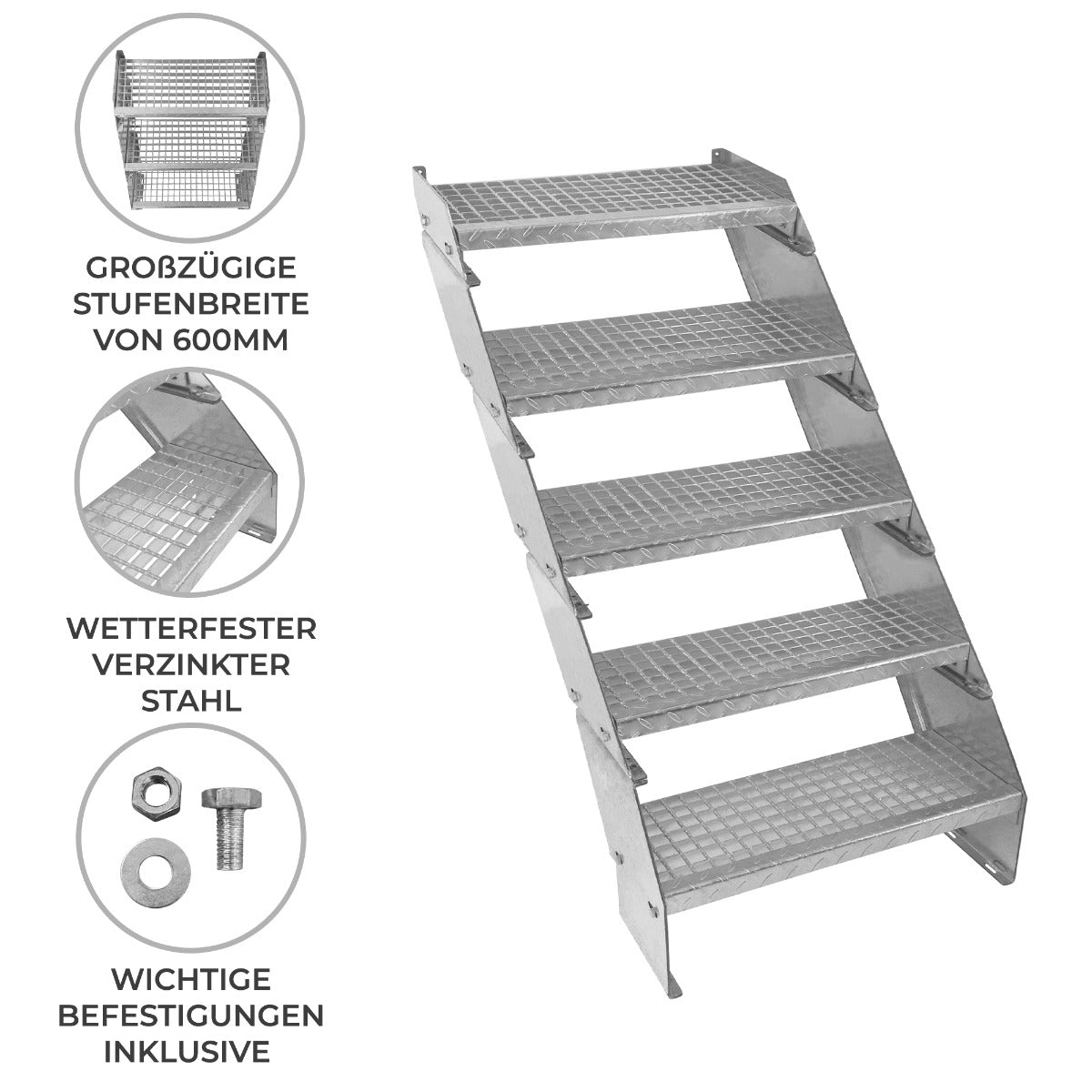 Verstelbare 5-delige verzinkte trap - 600 mm breed