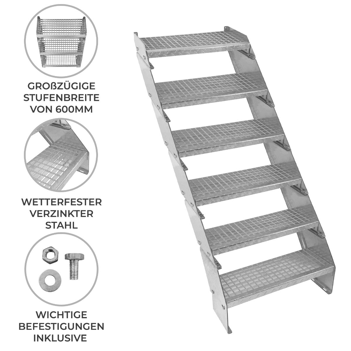 Verstelbare 6-delige verzinkte trap - 600 mm breed