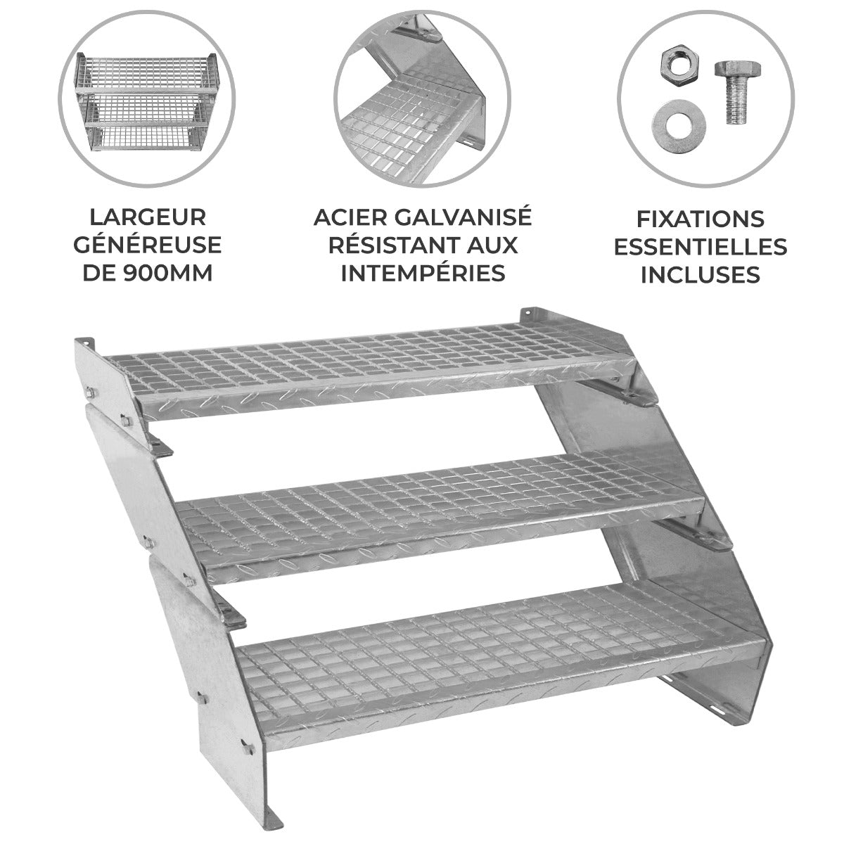 Verstelbare 3-delige verzinkte trap - 900 mm breed