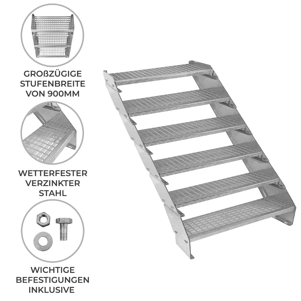 Verstelbare 6-delige verzinkte trap - 900 mm breed