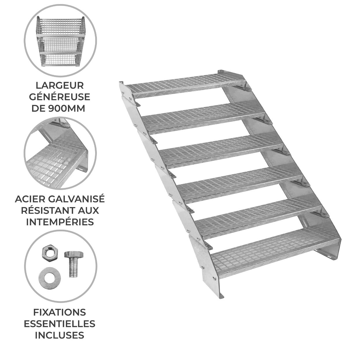 Verstelbare 6-delige verzinkte trap - 900 mm breed