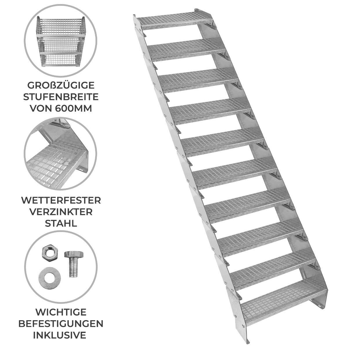 Verstelbare 10-delige verzinkte trap - 600 mm breed