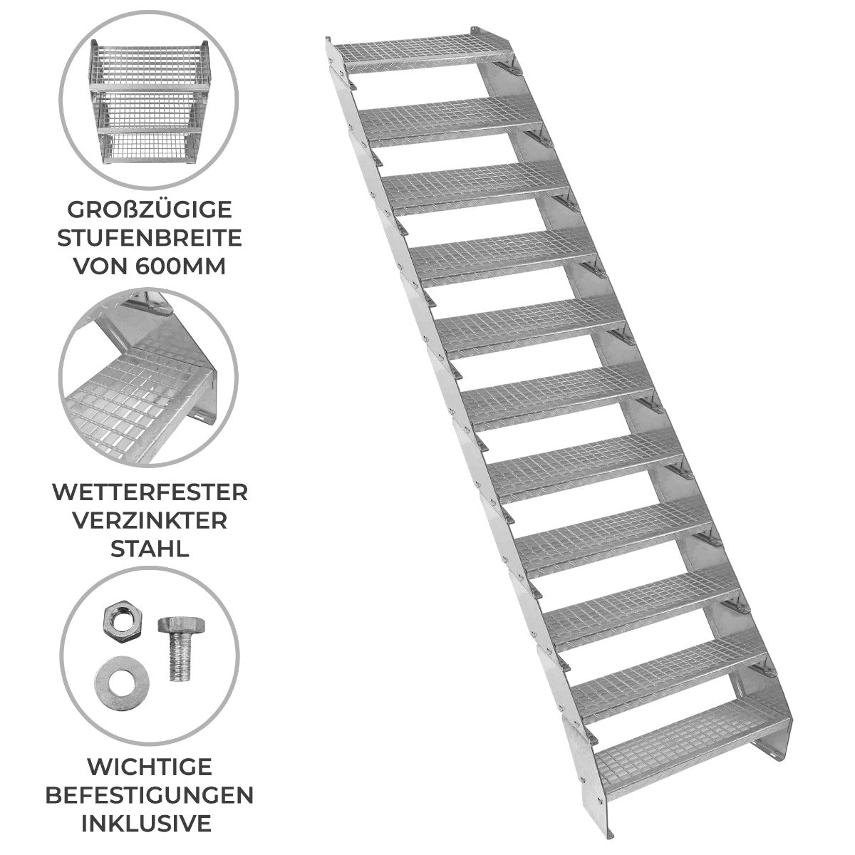 Verstelbare 11-delige verzinkte trap - 600 mm breed