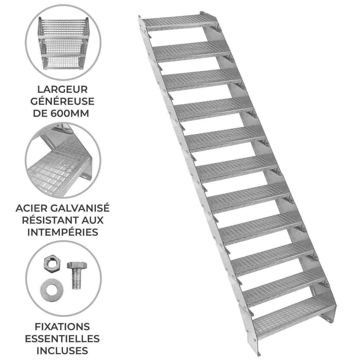 Verstelbare 11-delige verzinkte trap - 600 mm breed