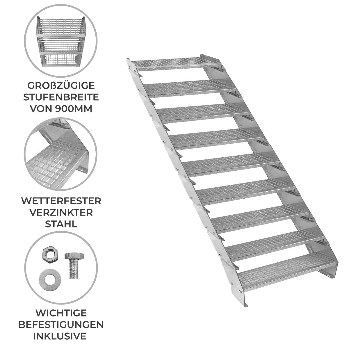 Verstelbare 9-delige verzinkte trap - 900 mm breed