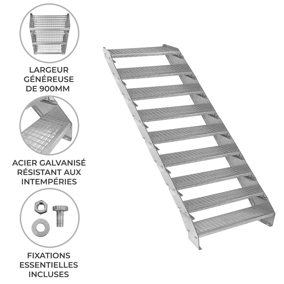 Verstelbare 9-delige verzinkte trap - 900 mm breed