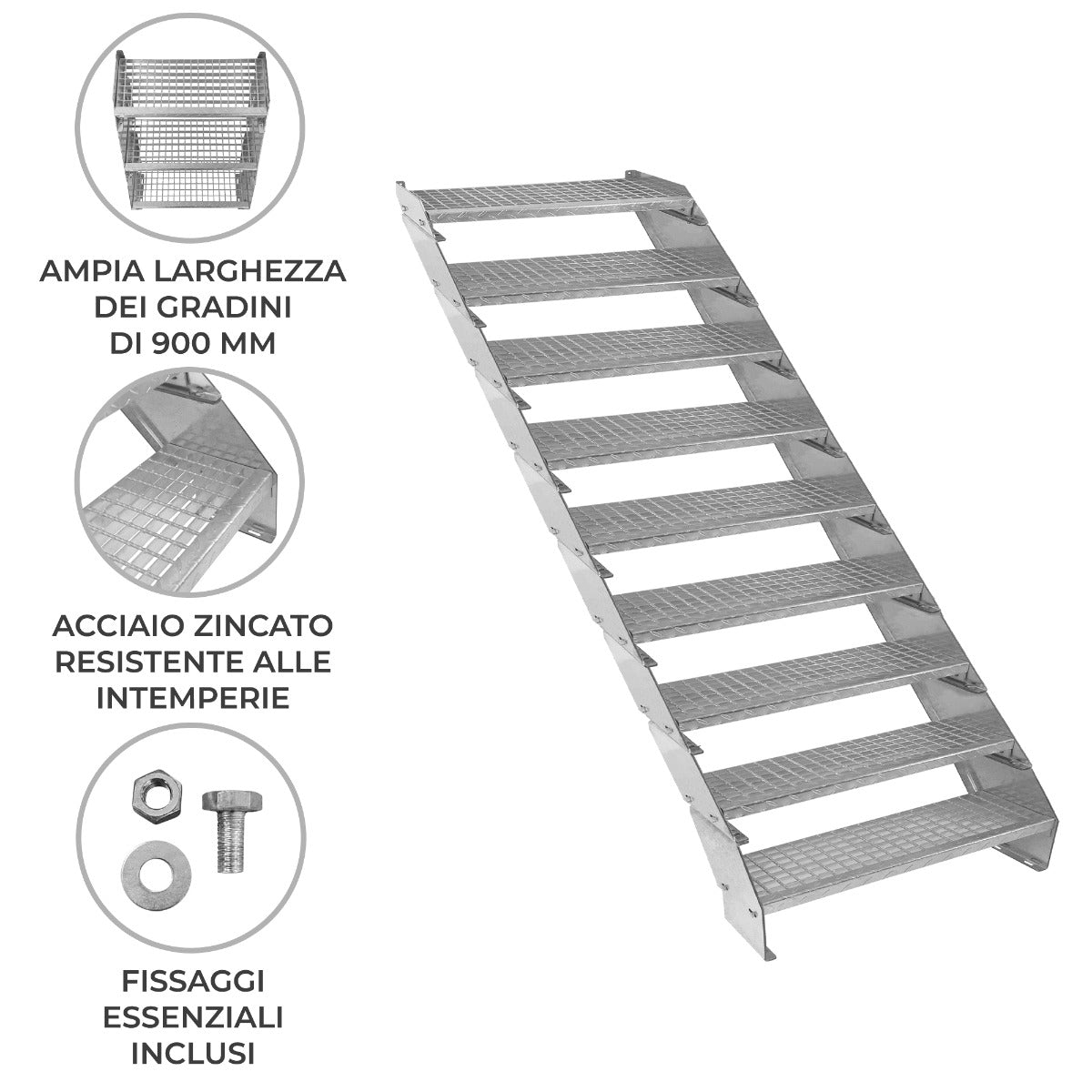 Verstelbare 9-delige verzinkte trap - 900 mm breed