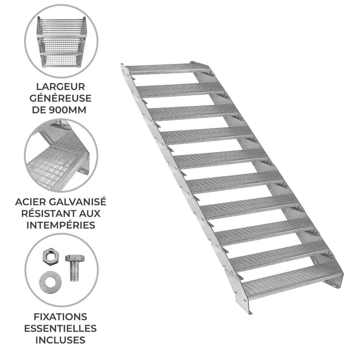 Verstelbare 10-delige verzinkte trap - 900 mm breed