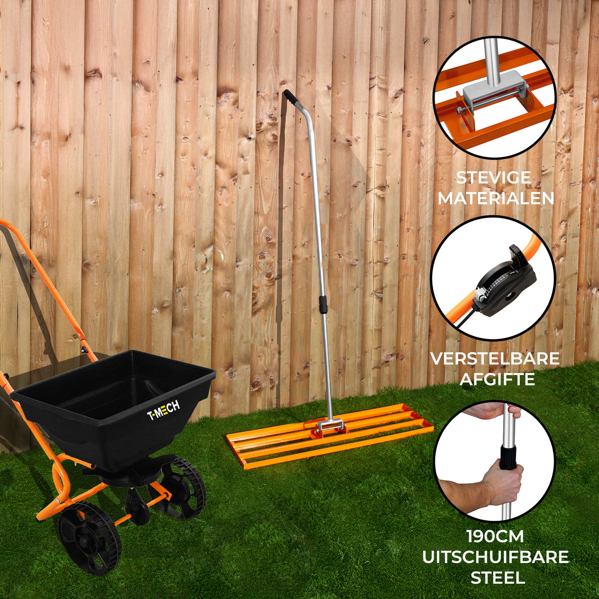 Roterende Strooiwagen & 100 cm Gazon Leveling Hark – Oranje