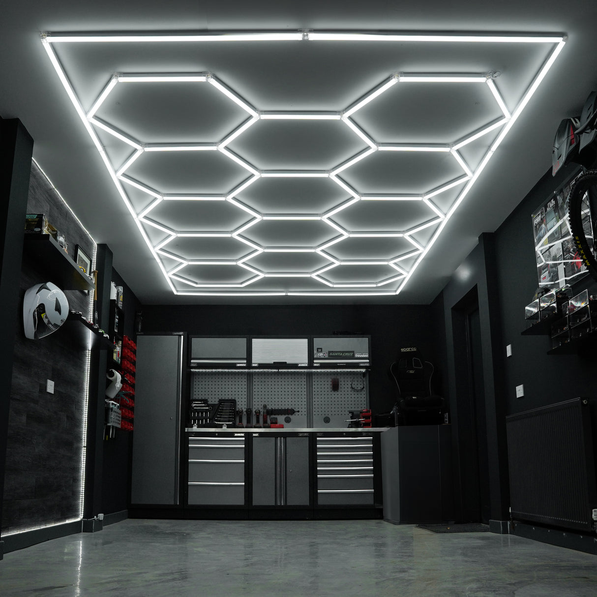 Hexagon LED-Verlichting en Geventileerde Garagevloer Tegels met Randen - 60 Zwarte & 60 Grijze Tegels