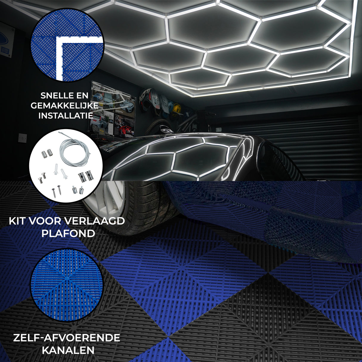 Hexagon LED-verlichting x 2 & Geventileerde Garagevloertegels x 120 Zwart & 120 Blauw met Randen