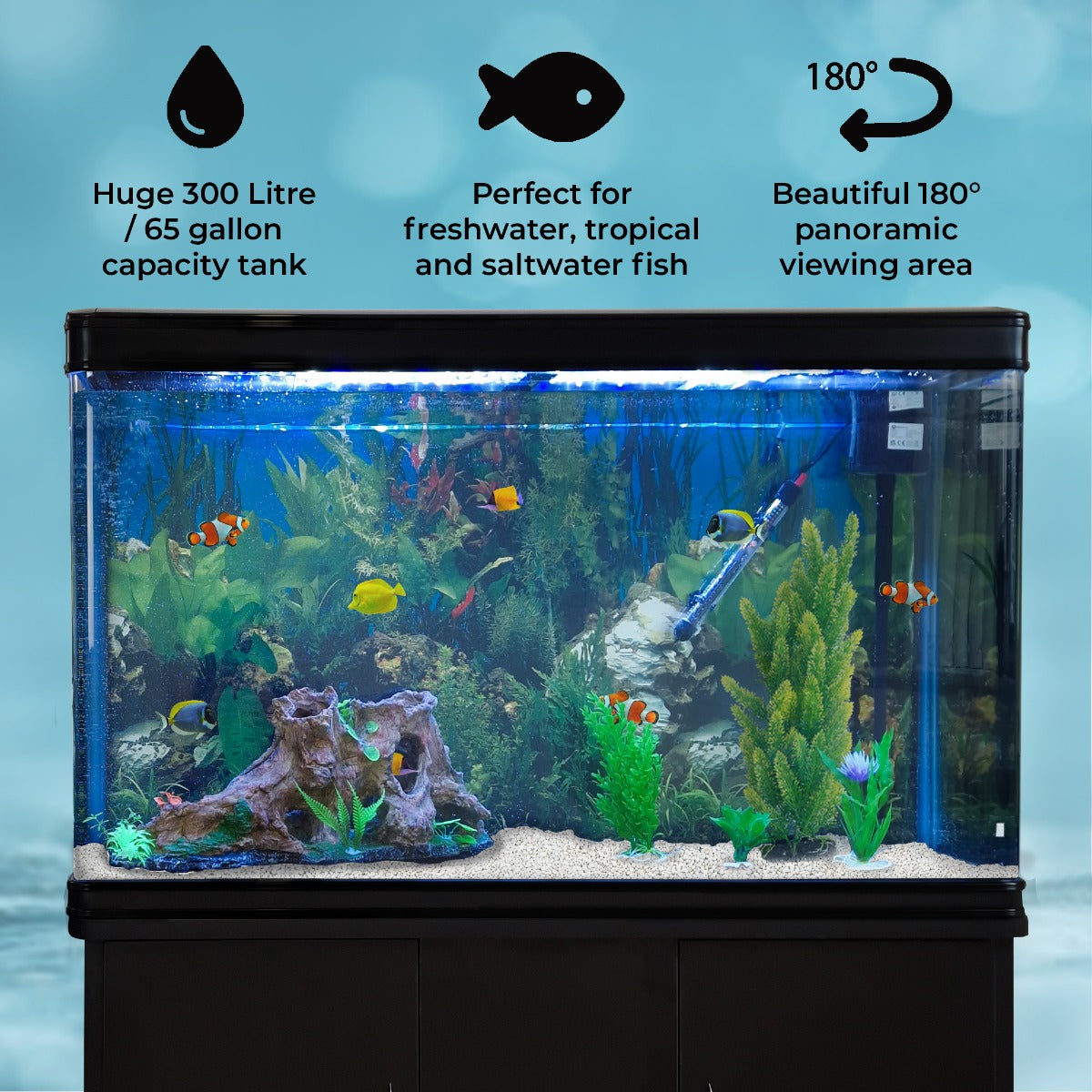 Aquarium 300 L Zwart + Meubel - Starterset - Wit grind