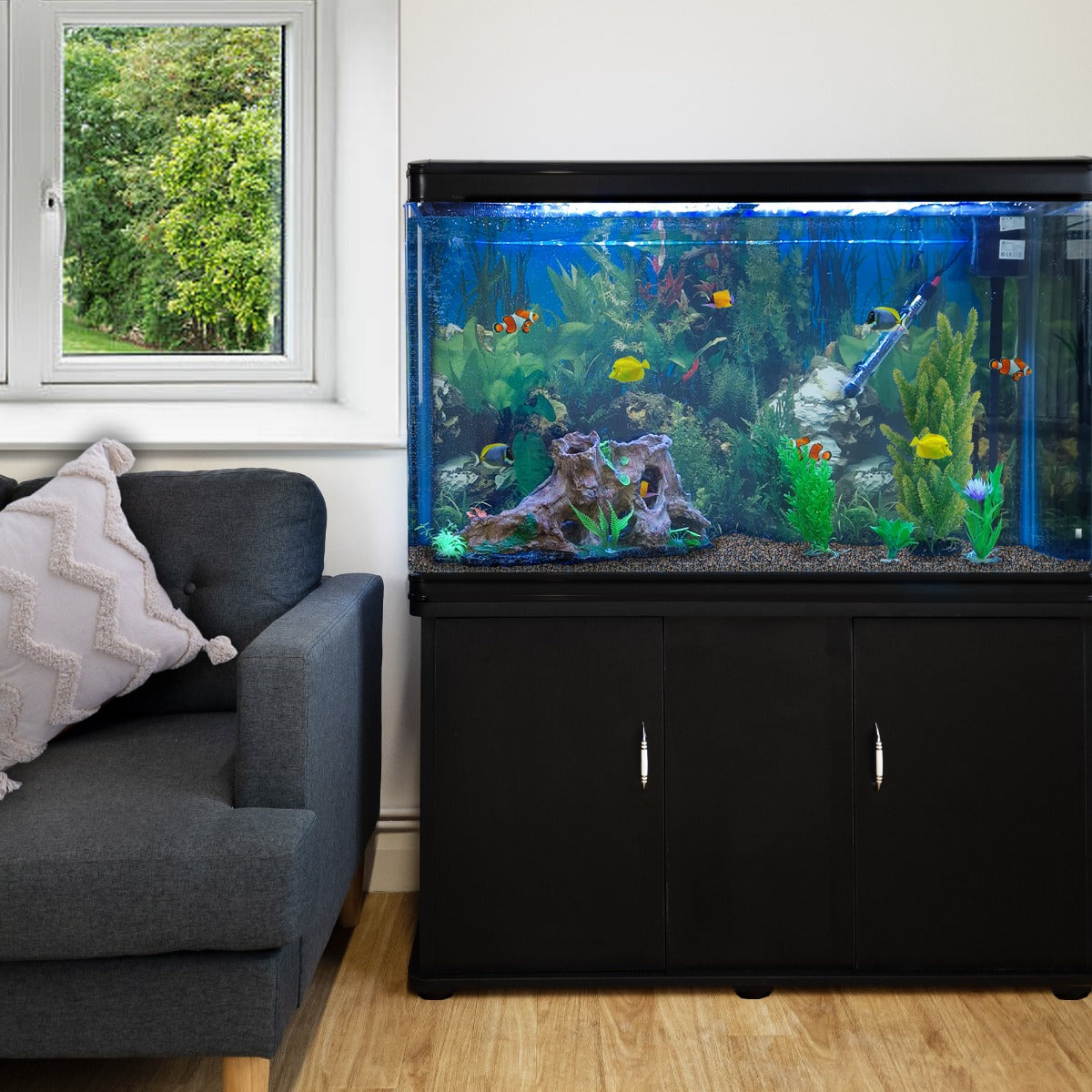 Aquarium 300 L Zwart + Meubel - Starterset - naturel grind