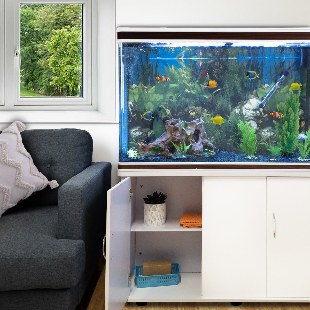 Aquarium 300 L Wit + Meubel - Starterset - blauw grind